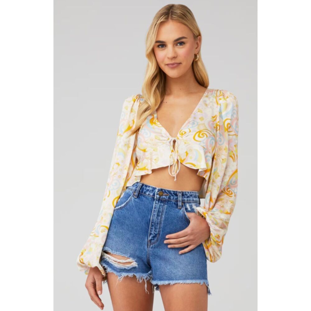 For Love & Lemons Macia Long Sleeve Floral Balloon Sleeve Crop Size Small